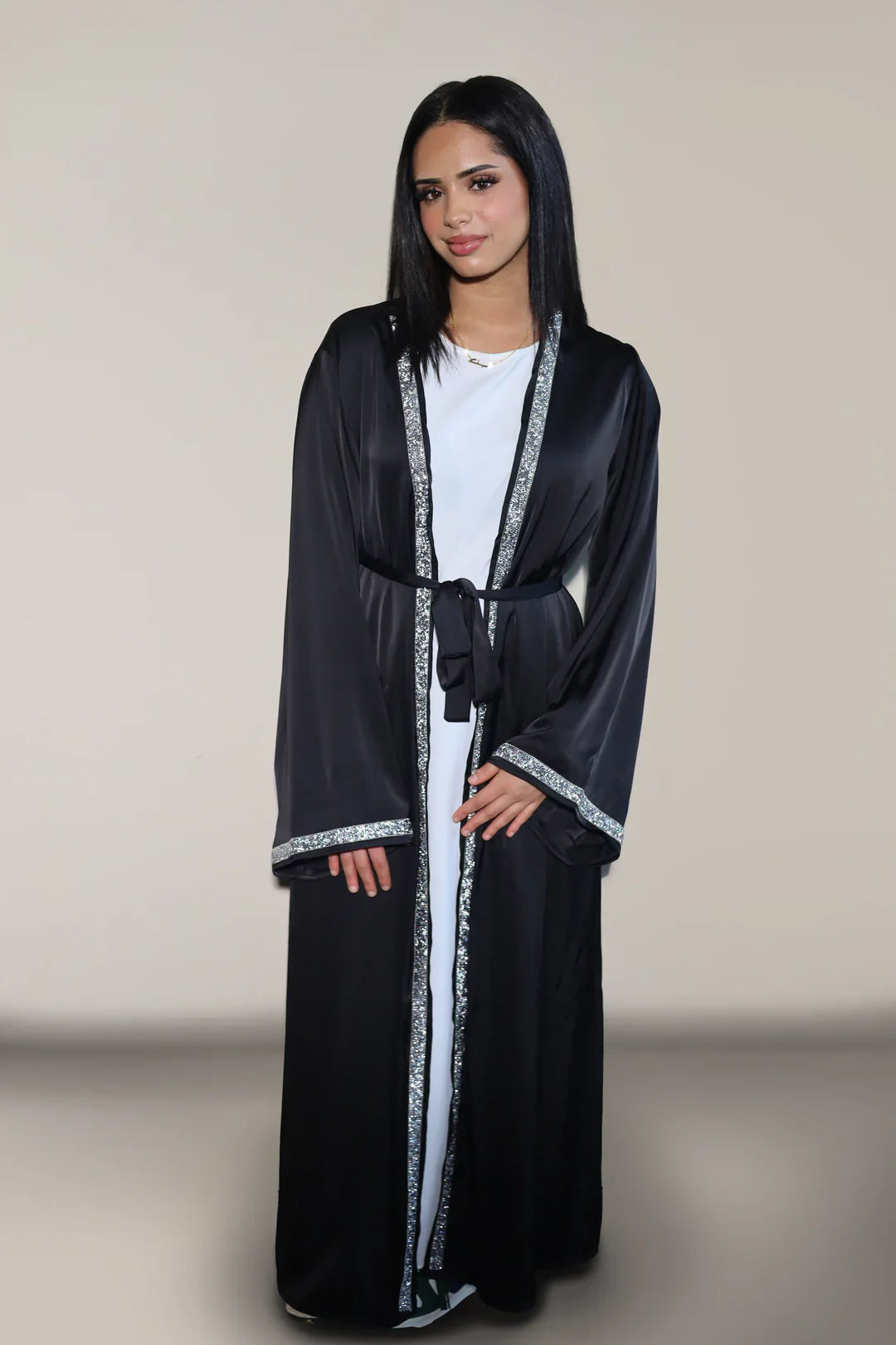 Florella | Satin Dubai Abaya + White slip dress