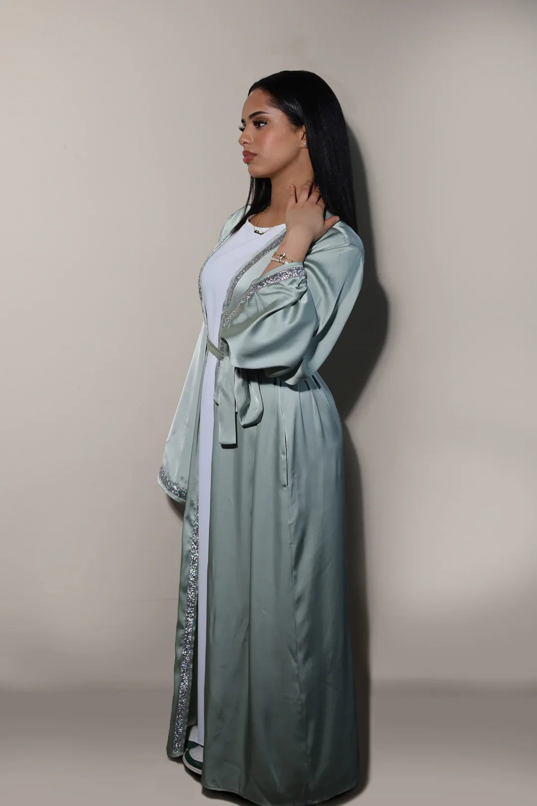 Florella | Satin Dubai Abaya + White slip dress