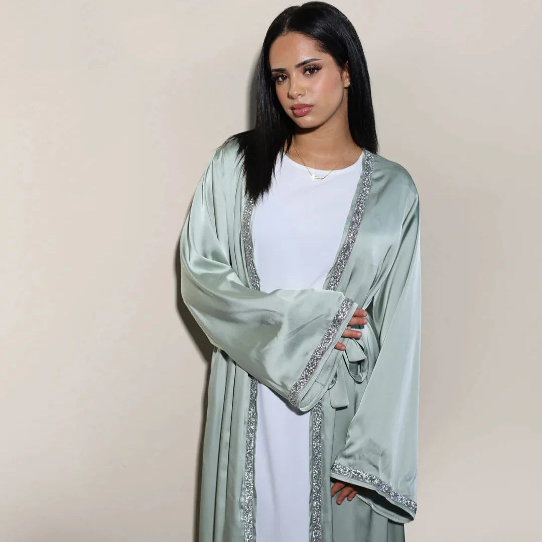 Florella | Satin Dubai Abaya + White slip dress