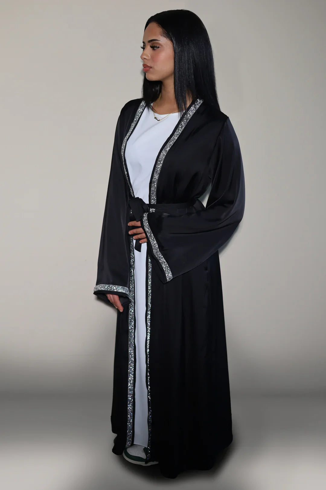 Florella | Satin Dubai Abaya + White slip dress